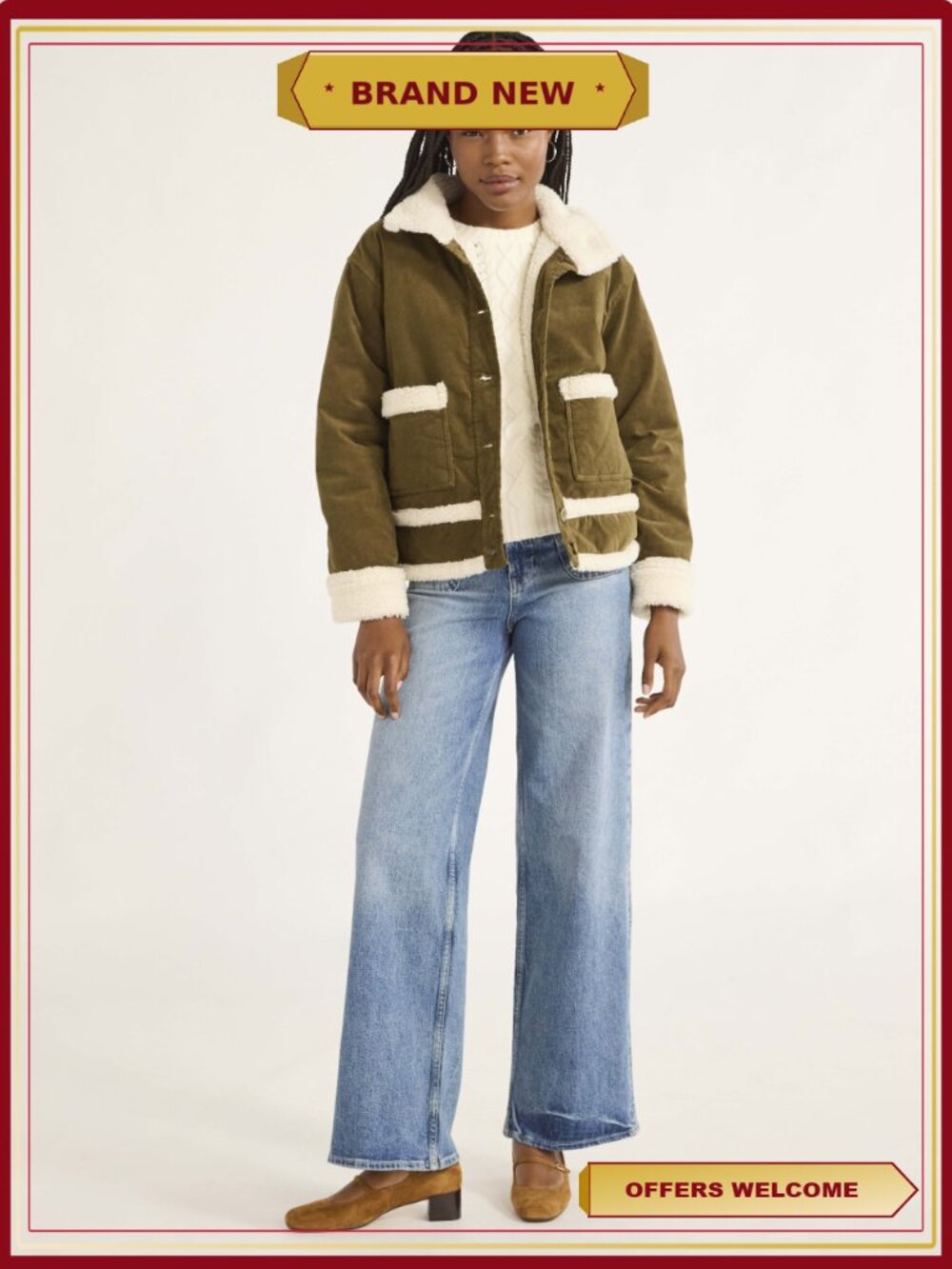 Corduroy Jacket with Faux Shearling Trim Bomber Style